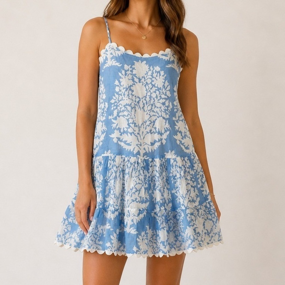 Juliet Dunn London Blue White Floral Cottagecore Boho Cotton Mini Dress 1 US 4/6